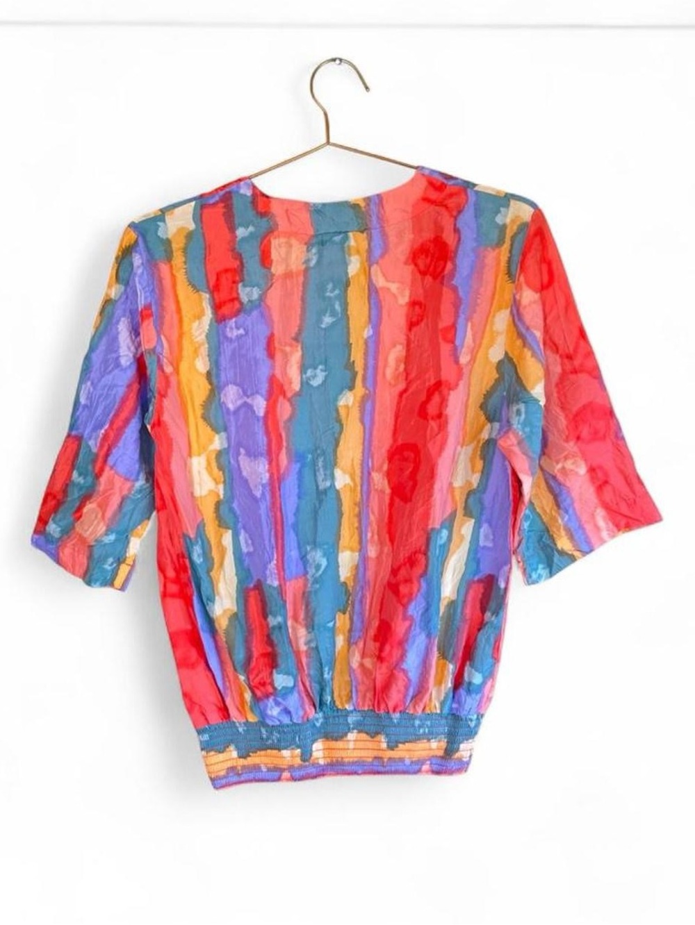 Vintage 90s Stewart Sport Abstract Silk Blouse – Colorful Artsy Button Back Top